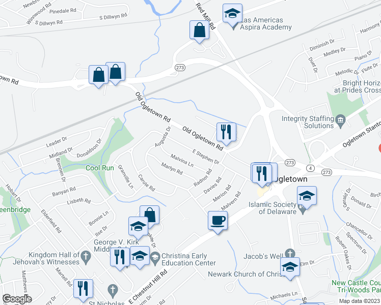 map of restaurants, bars, coffee shops, grocery stores, and more near 19 East Stephen Drive in Newark