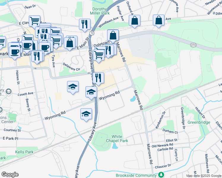 map of restaurants, bars, coffee shops, grocery stores, and more near 361 College Square in Newark
