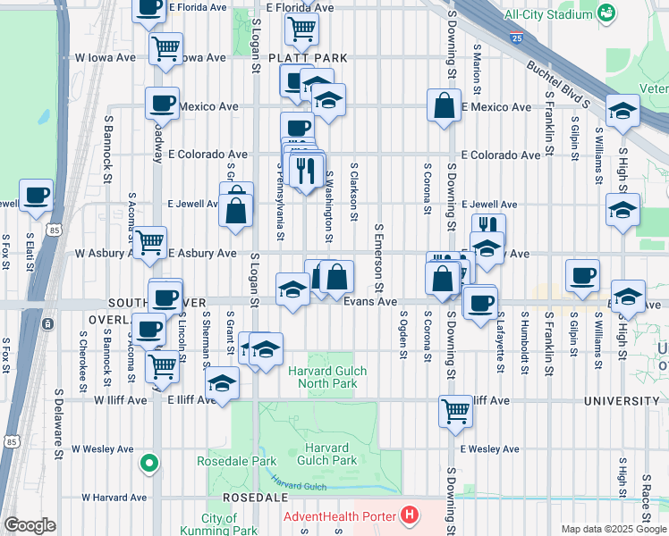 map of restaurants, bars, coffee shops, grocery stores, and more near 2030 South Washington Street in Denver