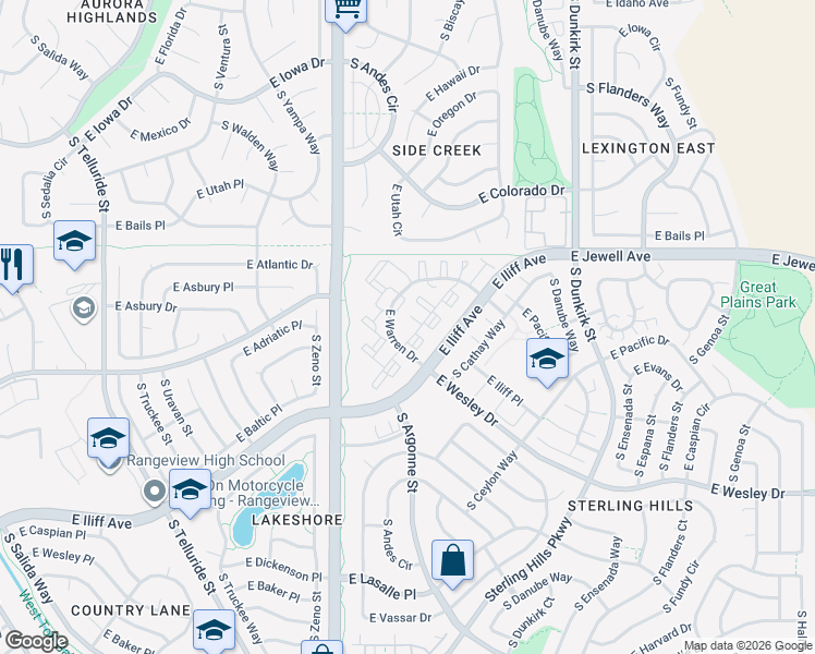 map of restaurants, bars, coffee shops, grocery stores, and more near 18860 East Baltic Place in Aurora