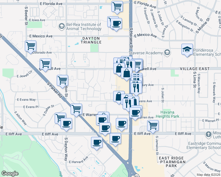 map of restaurants, bars, coffee shops, grocery stores, and more near 10265 East Evans Avenue in Denver