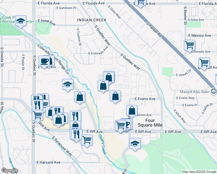 map of restaurants, bars, coffee shops, grocery stores, and more near 8200 East Pacific Place in Denver