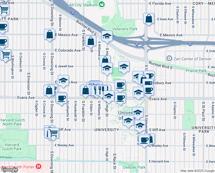 map of restaurants, bars, coffee shops, grocery stores, and more near 2041 South High Street in Denver