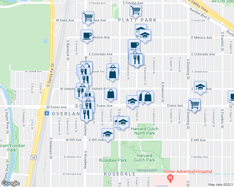 map of restaurants, bars, coffee shops, grocery stores, and more near 2050 South Grant Street in Denver