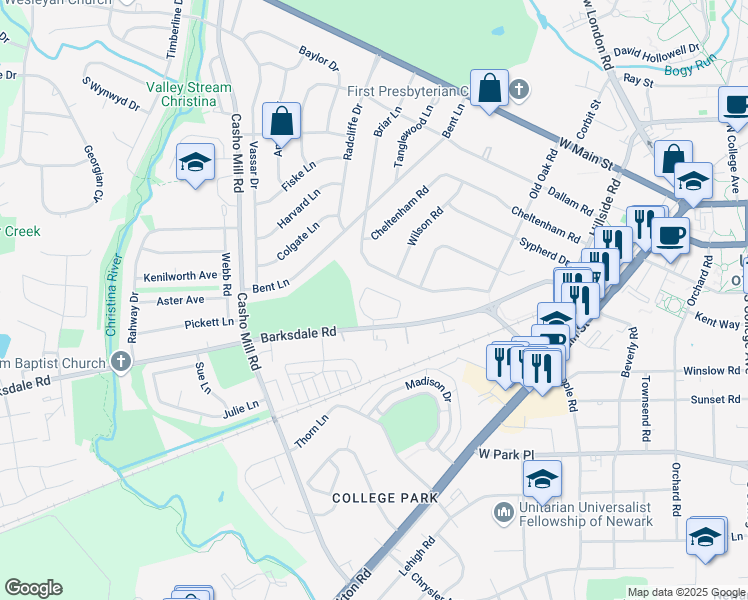 map of restaurants, bars, coffee shops, grocery stores, and more near 924 Barksdale Road in Newark