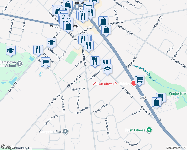 map of restaurants, bars, coffee shops, grocery stores, and more near 125 Virginia Avenue in Monroe