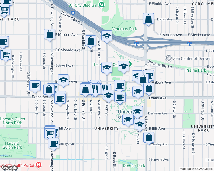 map of restaurants, bars, coffee shops, grocery stores, and more near 2020 South High Street in Denver