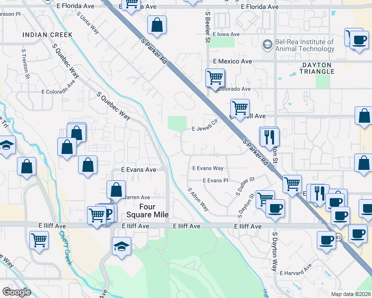 map of restaurants, bars, coffee shops, grocery stores, and more near 9041 East Jewell Circle in Denver