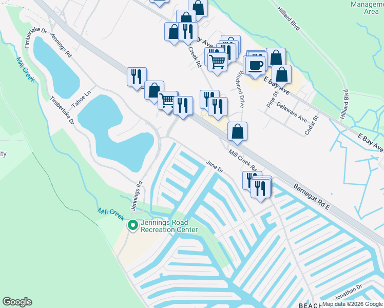 map of restaurants, bars, coffee shops, grocery stores, and more near 791 Jane Drive in Stafford Township