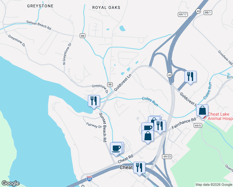 map of restaurants, bars, coffee shops, grocery stores, and more near 228 Bancroft Drive in Morgantown