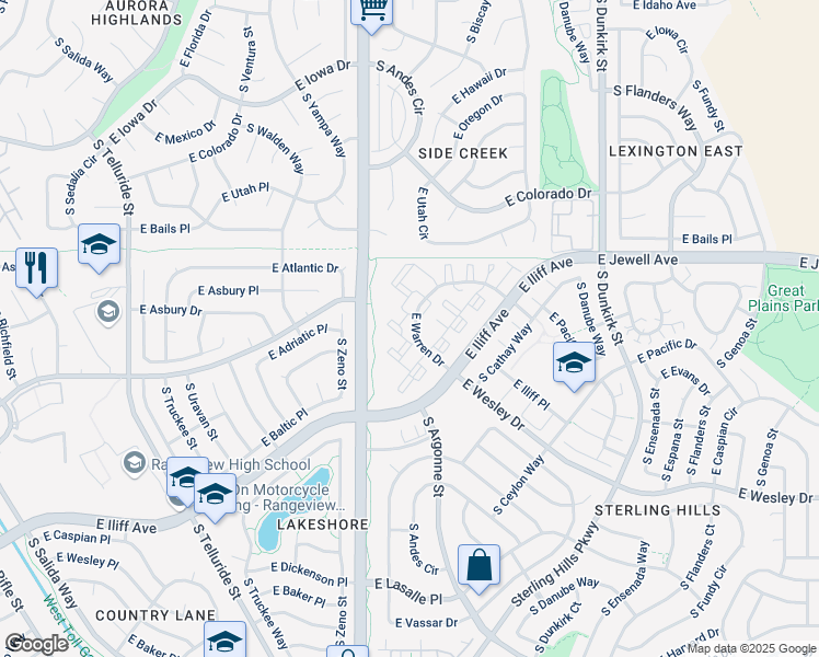 map of restaurants, bars, coffee shops, grocery stores, and more near 18841 East Warren Drive in Aurora