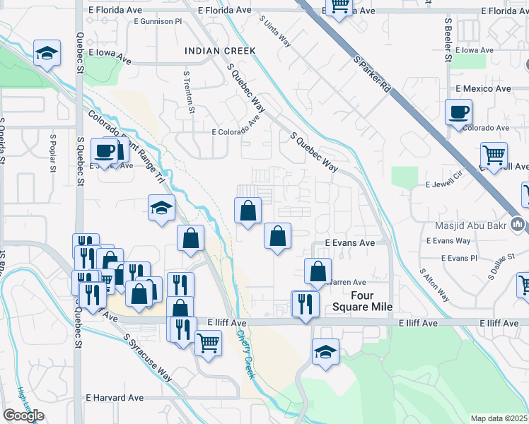 map of restaurants, bars, coffee shops, grocery stores, and more near 8200 East Pacific Place in Denver