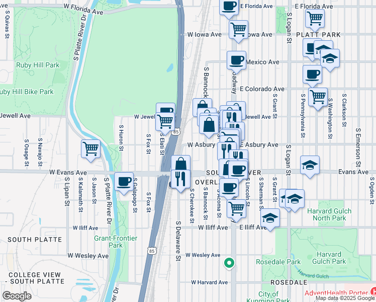 map of restaurants, bars, coffee shops, grocery stores, and more near 2028 South Cherokee Street in Denver