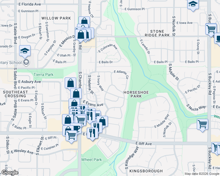 map of restaurants, bars, coffee shops, grocery stores, and more near 15531 East Pacific Place in Aurora