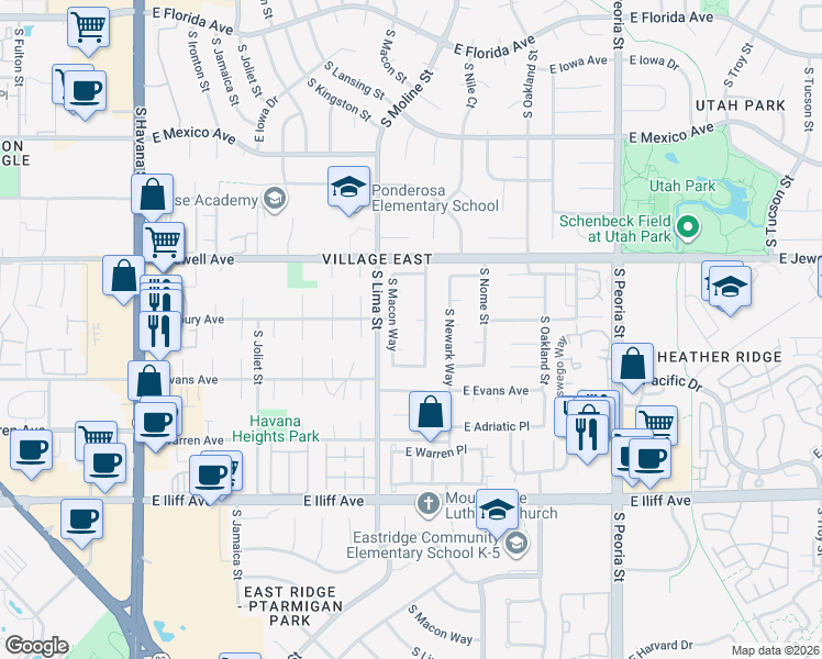 map of restaurants, bars, coffee shops, grocery stores, and more near 2040 South Macon Way in Aurora