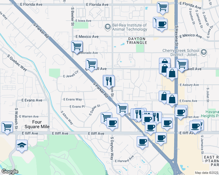 map of restaurants, bars, coffee shops, grocery stores, and more near in Aurora