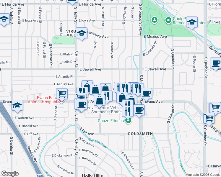 map of restaurants, bars, coffee shops, grocery stores, and more near 1965 South Kearney Way in Denver
