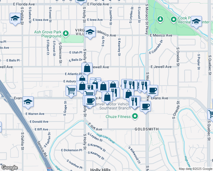 map of restaurants, bars, coffee shops, grocery stores, and more near 5925 East Evans Avenue in Denver