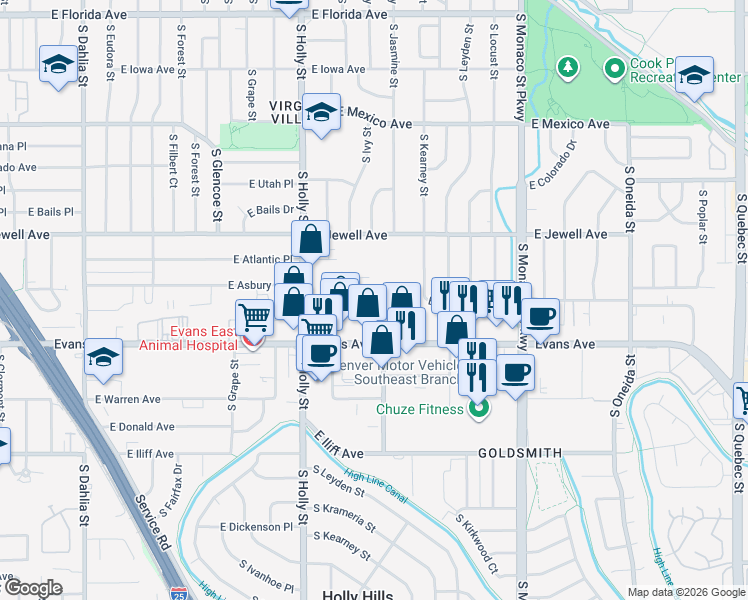 map of restaurants, bars, coffee shops, grocery stores, and more near 5925 East Evans Avenue in Denver