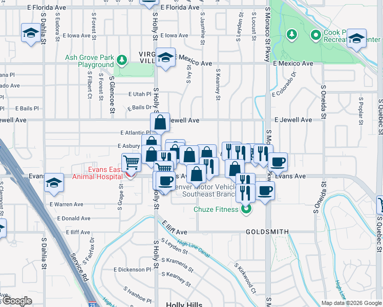 map of restaurants, bars, coffee shops, grocery stores, and more near 5925 East Evans Avenue in Denver