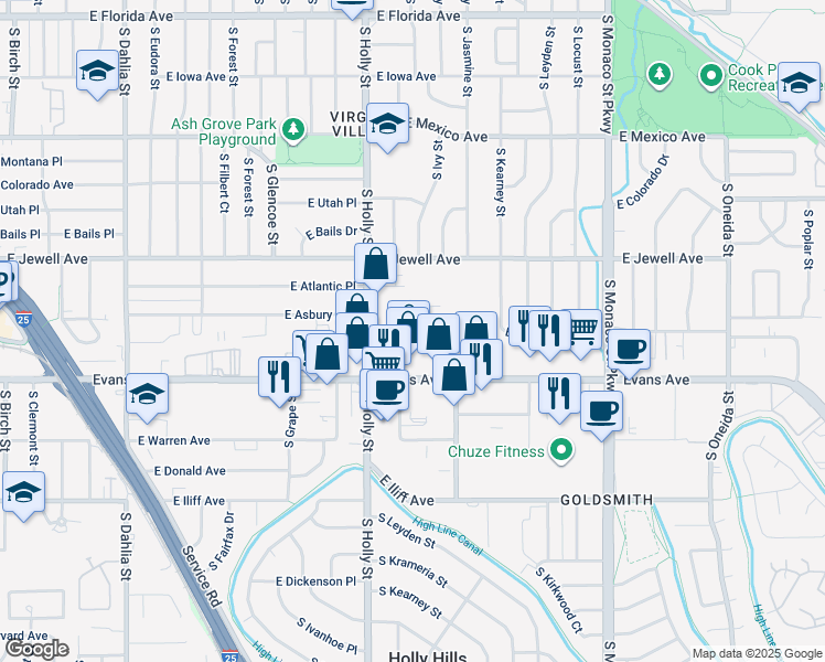 map of restaurants, bars, coffee shops, grocery stores, and more near 5787 East Evans Avenue in Denver