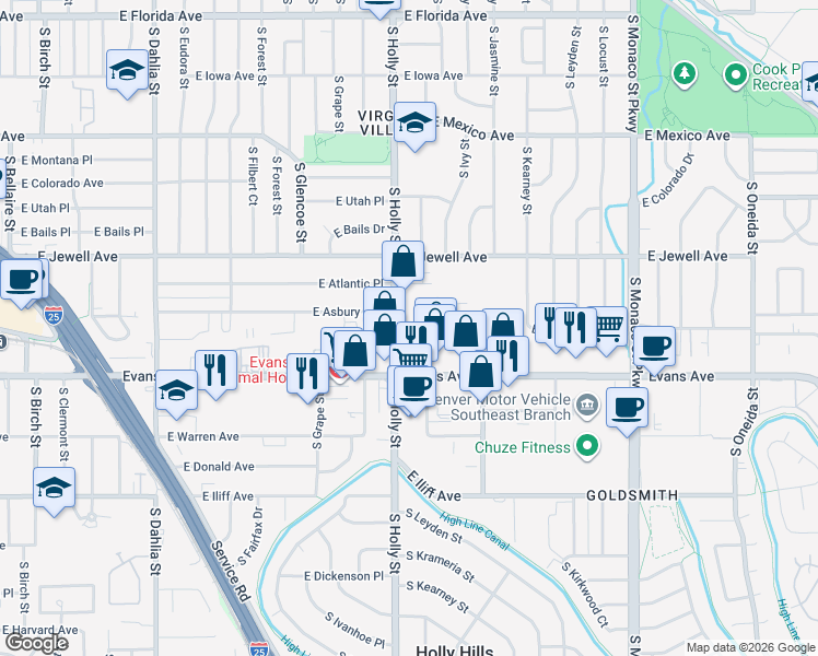 map of restaurants, bars, coffee shops, grocery stores, and more near 2080 South Holly Street in Denver