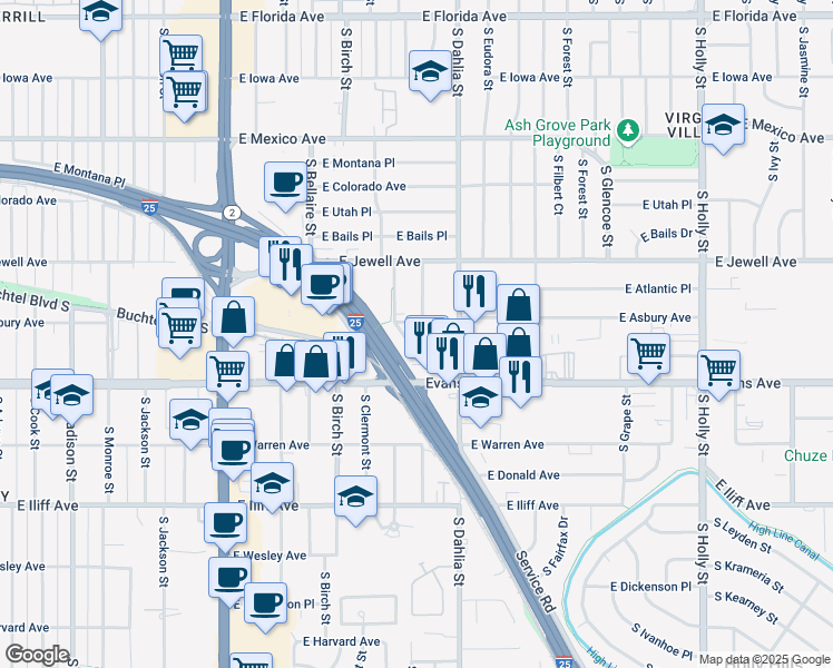 map of restaurants, bars, coffee shops, grocery stores, and more near 4630 East Asbury Circle in Denver