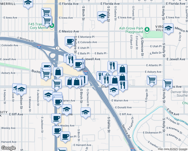 map of restaurants, bars, coffee shops, grocery stores, and more near 4630 East Asbury Circle in Denver