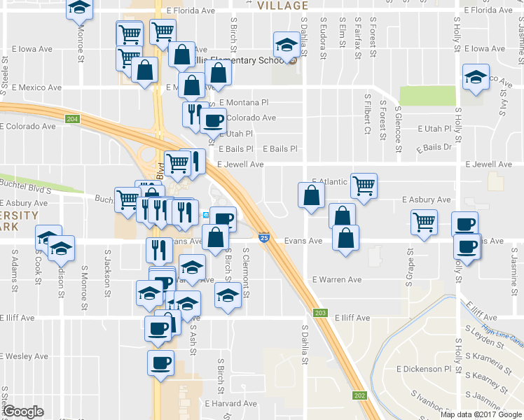 map of restaurants, bars, coffee shops, grocery stores, and more near 4630 East Asbury Circle in Denver
