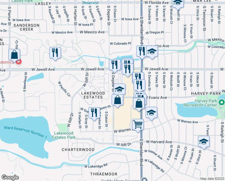map of restaurants, bars, coffee shops, grocery stores, and more near in Denver