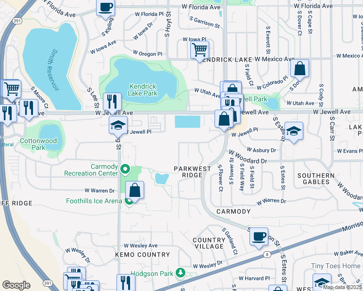 map of restaurants, bars, coffee shops, grocery stores, and more near 1974 South Holland Court in Lakewood