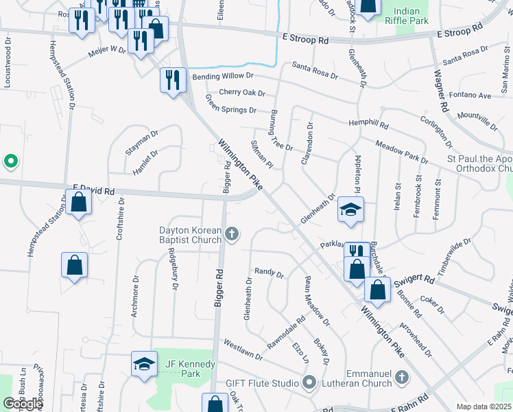 map of restaurants, bars, coffee shops, grocery stores, and more near 4427 Wilmington Pike in Kettering