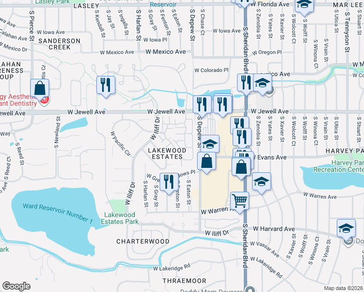 map of restaurants, bars, coffee shops, grocery stores, and more near 5727 West Asbury Place in Lakewood