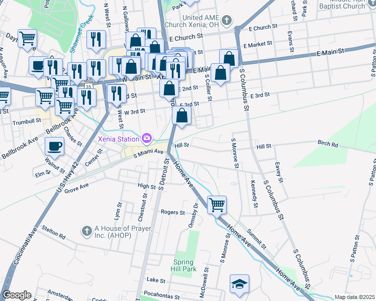 map of restaurants, bars, coffee shops, grocery stores, and more near 95 Hill Street in Xenia
