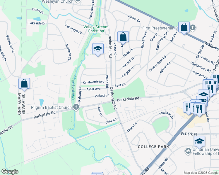 map of restaurants, bars, coffee shops, grocery stores, and more near 603 Webb Road in Newark