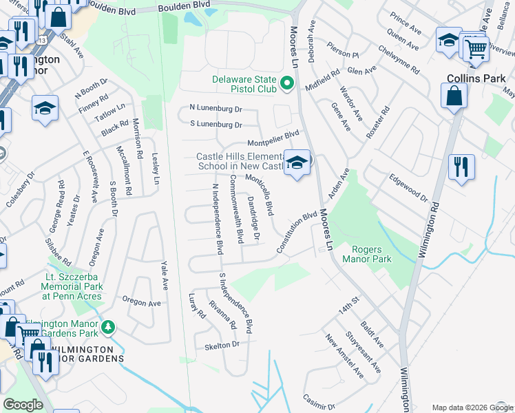 map of restaurants, bars, coffee shops, grocery stores, and more near 14 Monticello Boulevard in New Castle