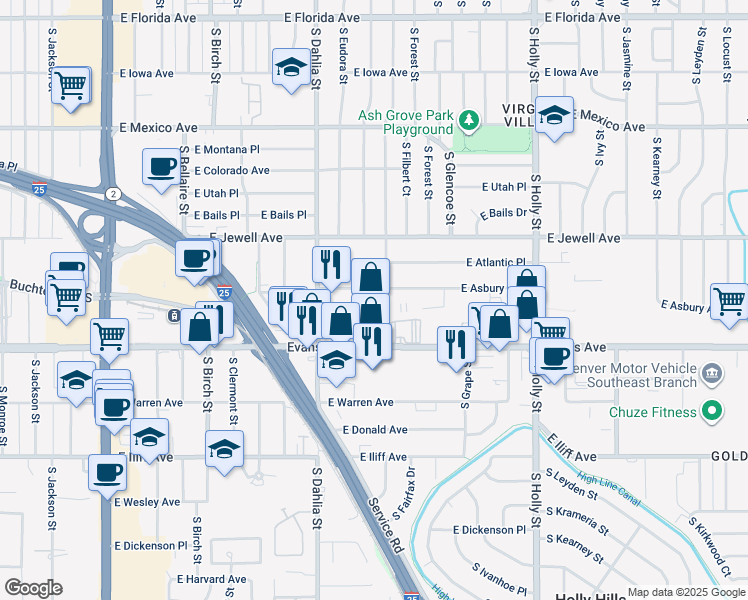 map of restaurants, bars, coffee shops, grocery stores, and more near 4900 East Pacific Place in Denver