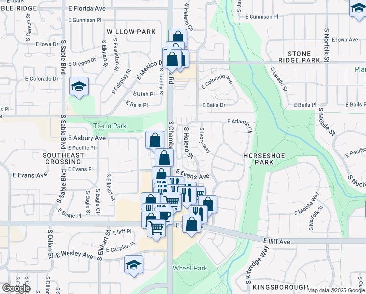 map of restaurants, bars, coffee shops, grocery stores, and more near 2009D South Hannibal Street in Aurora
