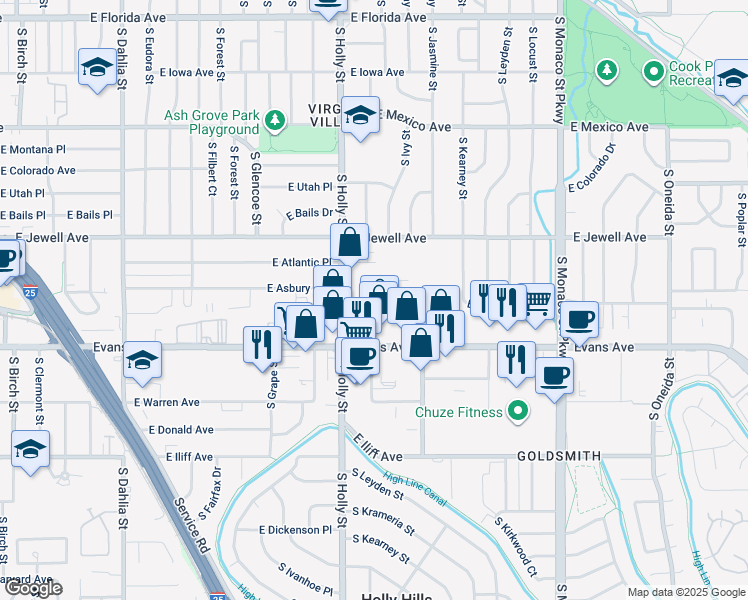 map of restaurants, bars, coffee shops, grocery stores, and more near 5787 East Evans Avenue in Denver