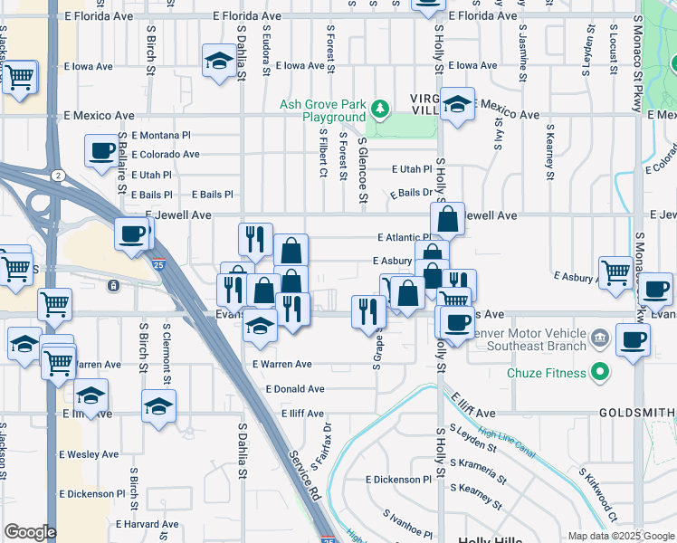map of restaurants, bars, coffee shops, grocery stores, and more near 5101 East Evans Avenue in Denver
