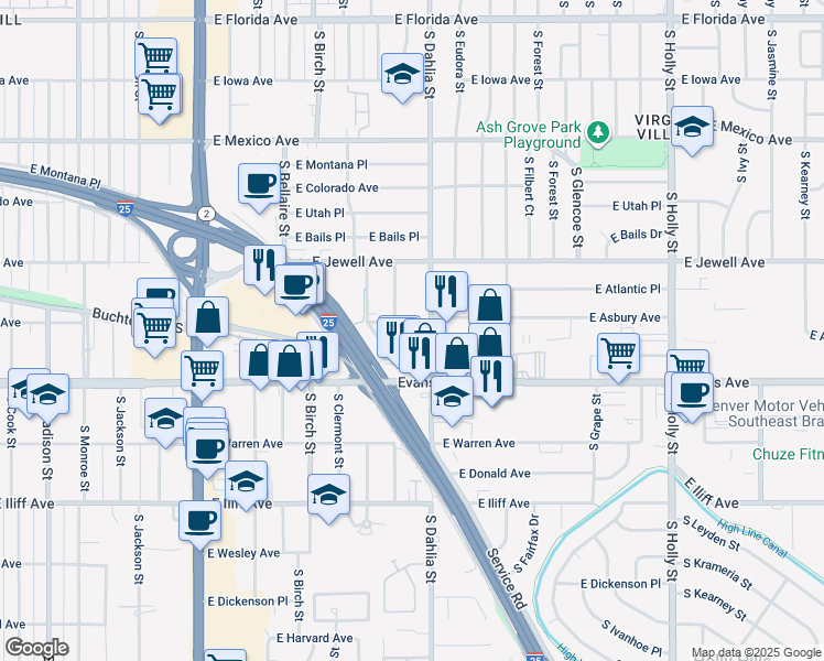 map of restaurants, bars, coffee shops, grocery stores, and more near 4660 East Asbury Circle in Denver