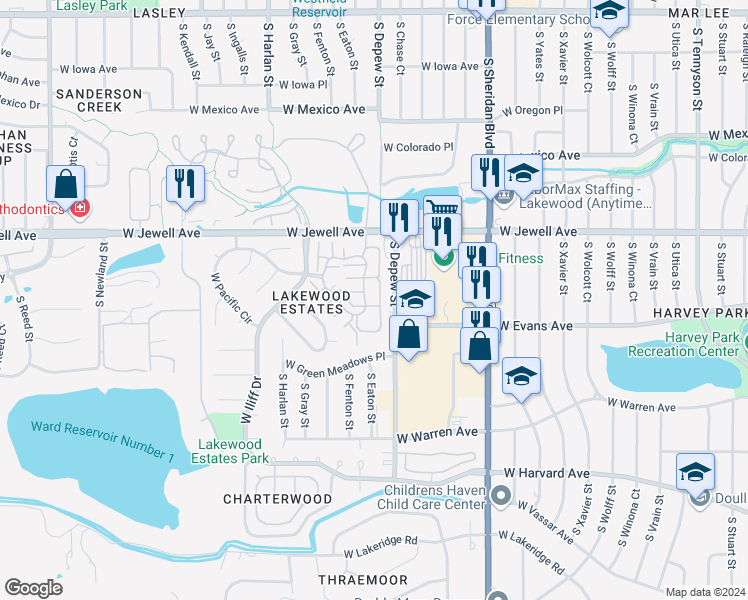 map of restaurants, bars, coffee shops, grocery stores, and more near 5735 West Asbury Place in Lakewood