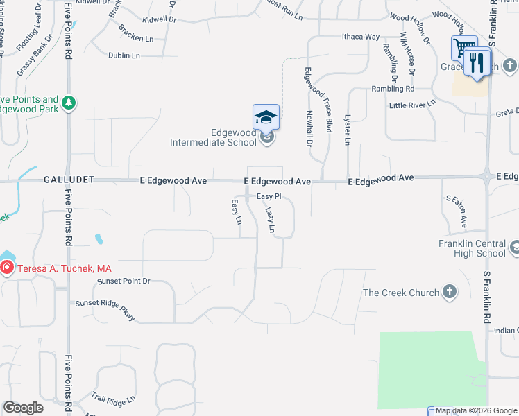 map of restaurants, bars, coffee shops, grocery stores, and more near 6106 Lazy Lane in Indianapolis