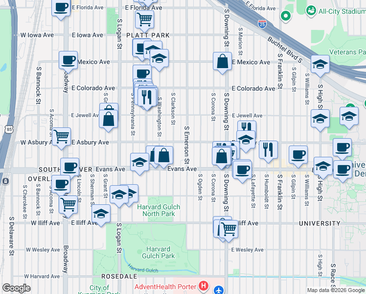 map of restaurants, bars, coffee shops, grocery stores, and more near 2054 South Clarkson Street in Denver