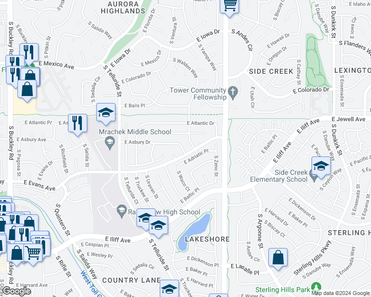 map of restaurants, bars, coffee shops, grocery stores, and more near 18169 East Asbury Drive in Aurora