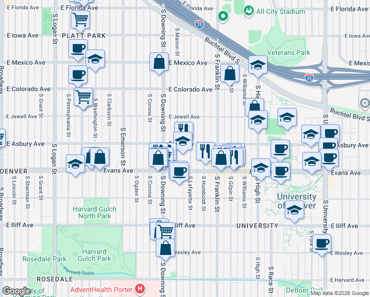 map of restaurants, bars, coffee shops, grocery stores, and more near 1320 East Asbury Avenue in Denver