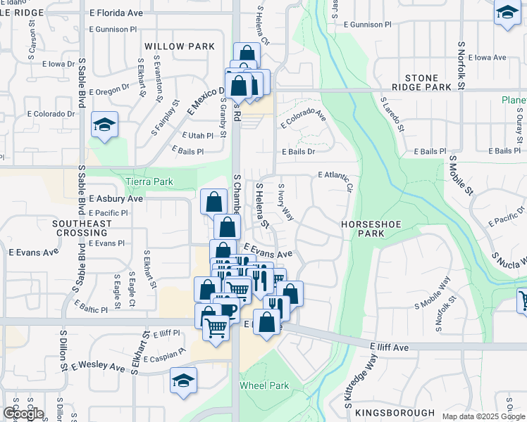 map of restaurants, bars, coffee shops, grocery stores, and more near 2004 South Helena Street in Aurora