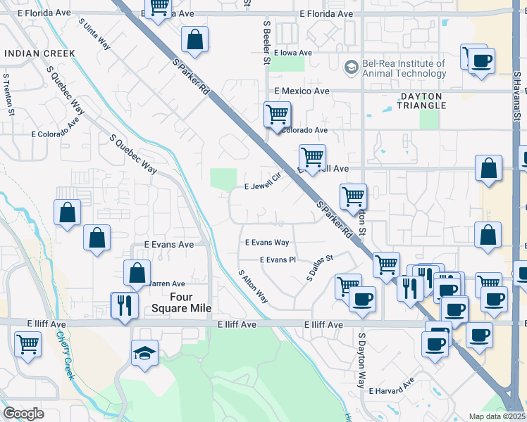 map of restaurants, bars, coffee shops, grocery stores, and more near 2050 South Alton Court in Denver
