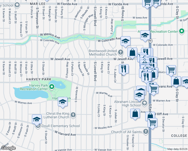 map of restaurants, bars, coffee shops, grocery stores, and more near 2051 South Lowell Boulevard in Denver