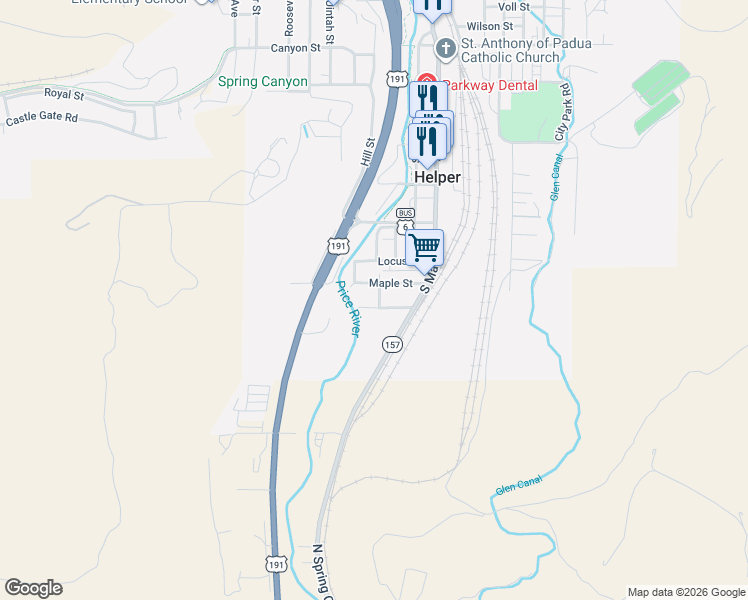 map of restaurants, bars, coffee shops, grocery stores, and more near 564 South 300 West in Helper